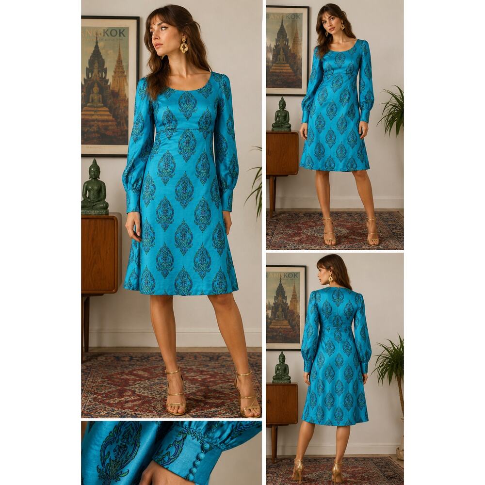 Vintage 60s Ingrid Langner Thai Buddha Print Silk Dress Blue Empire Mod